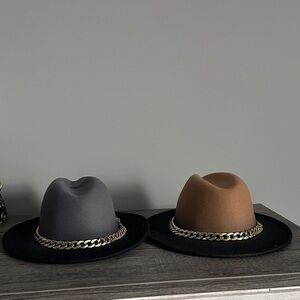 Stylish Black and Brown Fedora Hats with Gold Chain
